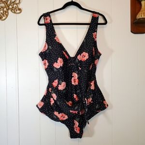 Torrid One Piece Swimsuit Wrap Front Black White Polka-dot  Floral Plus Size